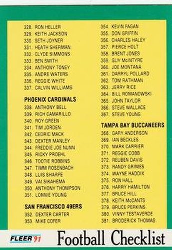 #432 Checklist: 328-432 - Philadelphia Eagles / Phoenix Cardinals / San Francisco 49ers / Tampa Bay Buccaneers / Washington Redskins - 1991 Fleer Football