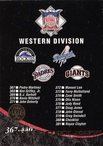 #440 Checklist: 367-440 - Los Angeles Dodgers / San Francisco Giants / San Diego Padres / Colorado Rockies - 1994 Leaf Baseball
