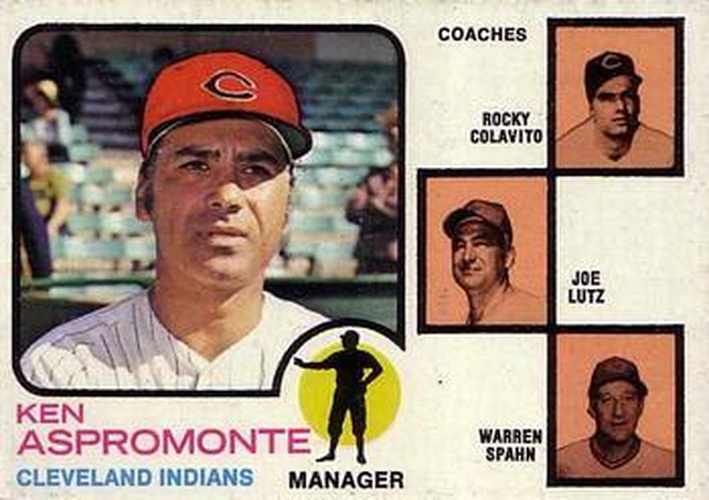 #449a Indians Field Leaders Ken Aspromonte / Rocky Colavito / Joe Lutz / Warren Spahn - Cleveland Indians - 1973 Topps Baseball