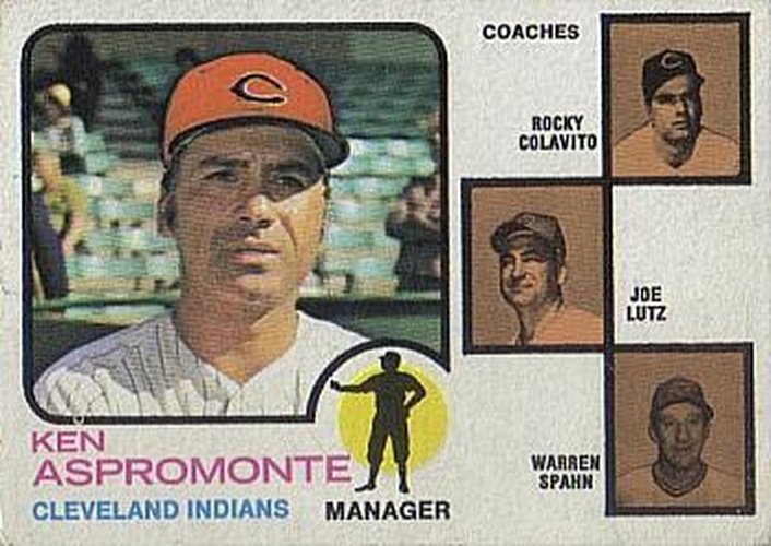 #449b Indians Field Leaders Ken Aspromonte / Rocky Colavito / Joe Lutz / Warren Spahn - Cleveland Indians - 1973 Topps Baseball
