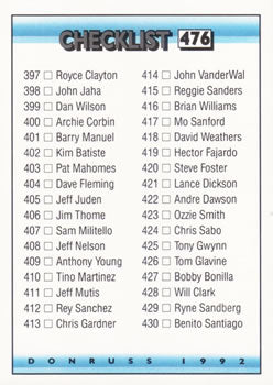 #476 Checklist 397-473 - 1992 Donruss Baseball