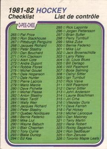 #381 Checklist 265-396 - 1981-82 O-Pee-Chee Hockey