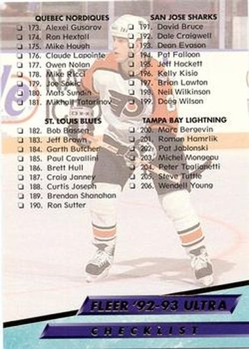 #250 Checklist: 173-250 - Quebec Nordiques / St. Louis Blues / San Jose Sharks / Tampa Bay Lightning / Toronto Maple Leafs / Vancouver Canucks / Washington Capitals / Winnipeg Jets - 1992-93 Ultra Hockey