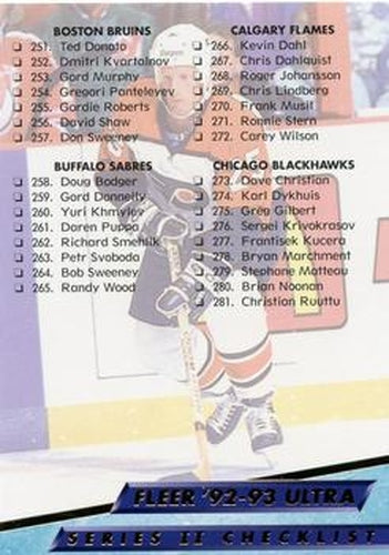 #448 Checklist: 251-314 - Boston Bruins / Buffalo Sabres / Calgary Flames / Chicago Blackhawks / Detroit Red Wings / Edmonton Oilers / Hartford Whalers / Los Angeles Kings - 1992-93 Ultra Hockey