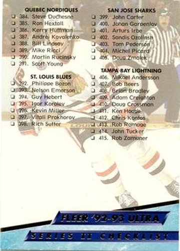 #450 Checklist: 384-450 - Quebec Nordiques / St. Louis Blues / San Jose Sharks / Tampa Bay Lightning / Toronto Maple Leafs / Vancouver Canucks / Washington Capitals / Winnipeg Jets - 1992-93 Ultra Hockey