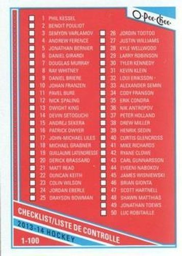 #496 Checklist: 1-100 - 2013-14 O-Pee-Chee Hockey