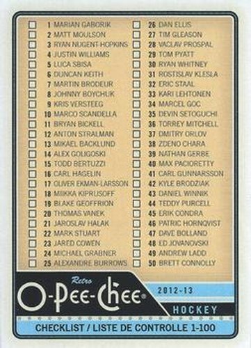 #496 Checklist: 1-100 - 2012-13 O-Pee-Chee Hockey