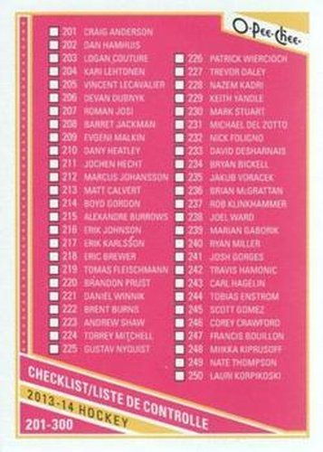 #498 Checklist: 201-300 - 2013-14 O-Pee-Chee Hockey