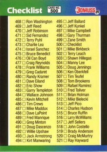#500 Checklist 468-577 - 1989 Donruss Baseball