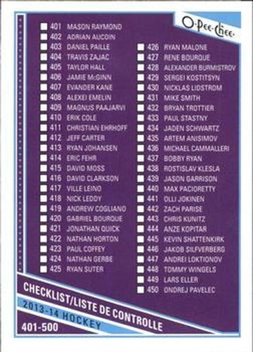 #500 Checklist: 401-500 - 2013-14 O-Pee-Chee Hockey