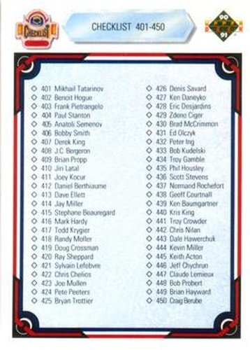 #500 Checklist: 401-500 - 1990-91 Upper Deck Hockey