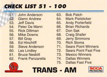 #50 Checklist 51-100 CL - 1992 Erin Maxx Trans-Am Racing