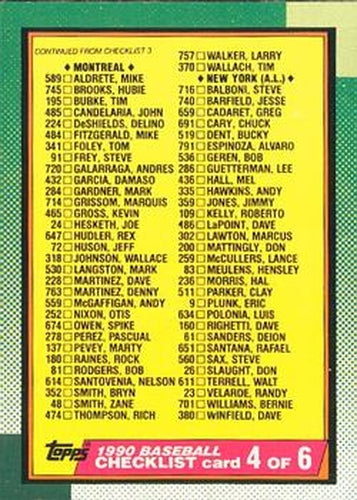 #526 Checklist 4 of 6 - Montreal Expos / New York Yankees / New York Mets / Oakland Athletics / Philadelphia Phillies - 1990 O-Pee-Chee Baseball