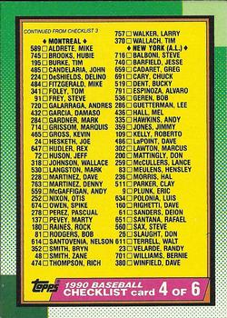 #526 Checklist 4 of 6 - Montreal Expos / New York Yankees / New York Mets / Oakland Athletics / Philadelphia Phillies - 1990 Topps Baseball