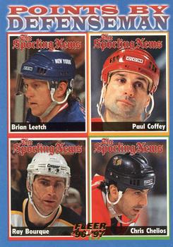 #140 Points by Defenseman Brian Leetch / Paul Coffey / Ray Bourque / Chris Chelios - New York Rangers / Detroit Red Wings / Boston Bruins / Chicago Blackhawks - 1996-97 Fleer Hockey