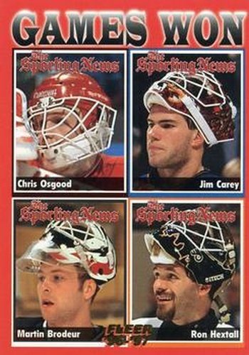 #145 Games Won Chris Osgood / Jim Carey / Martin Brodeur / Ron Hextall - Detroit Red Wings / Washington Capitals / New Jersey Devils / Philadelphia Flyers - 1996-97 Fleer Hockey