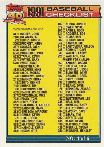 #527 Checklist 4 of 6 - Minnesota Twins / Montreal Expos / New York Yankees / New York Mets / Oakland Athletics / Philadelphia Phillies - 1991 O-Pee-Chee Baseball