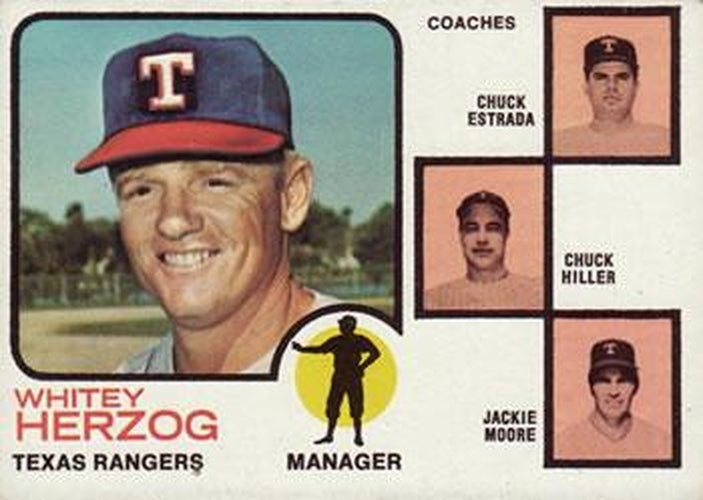 #549 Rangers Field Leaders Whitey Herzog / Chuck Estrada / Chuck Hiller / Jackie Moore - Texas Rangers - 1973 Topps Baseball