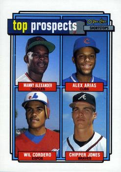 #551 1992 Prospects Manny Alexander / Alex Arias / Wilfredo Cordero / Chipper Jones - Baltimore Orioles / Chicago Cubs / Montreal Expos / Atlanta Braves - 1992 O-Pee-Chee Baseball
