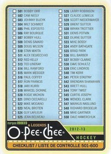 #551 Checklist: 501-600 - 2012-13 O-Pee-Chee Hockey