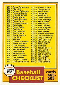 #562 Checklist: 485-605 - - 1981 Topps Baseball