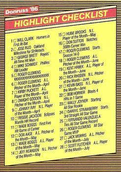 #56 Highlight Checklist - 1986 Donruss Highlights Baseball