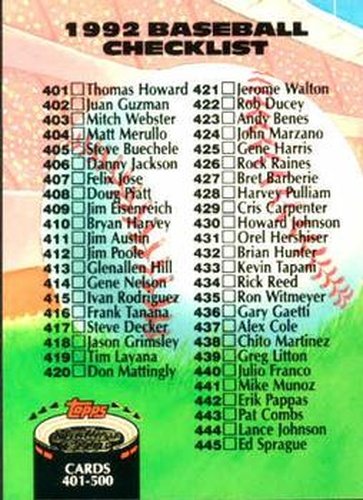#589 Checklist: 401-500 - 1992 Stadium Club Baseball