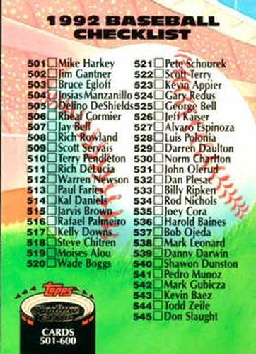 #590 Checklist: 501-600 - 1992 Stadium Club Baseball