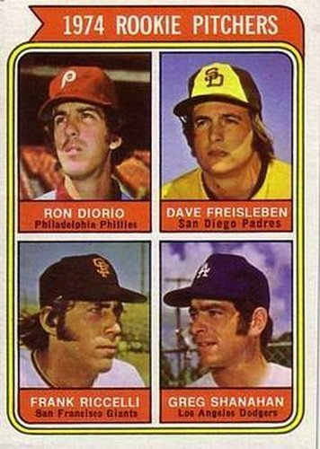 #599b 1974 Rookie Pitchers Ron Diorio / Dave Freisleben / Frank Riccelli / Greg Shanahan - Philadelphia Phillies / San Diego Padres / San Francisco Giants / Los Angeles Dodgers - 1974 Topps Baseball