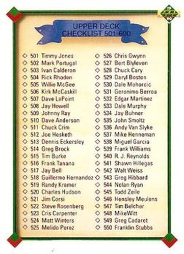 #600 Checklist: 501-600 - 1990 Upper Deck Baseball