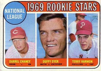 #624 National League 1969 Rookie Stars Darrel Chaney / Duffy Dyer / Terry Harmon - Cincinnati Reds / New York Mets / Philadelphia Phillies - 1969 Topps Baseball