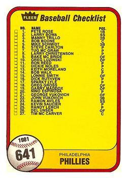 #641a Checklist: Phillies / Royals - Philadelphia Phillies / Kansas City Royals - 1981 Fleer Baseball