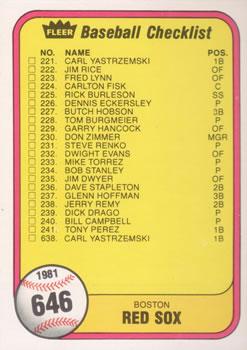 #646 Checklist: Red Sox / Braves - Boston Red Sox / Atlanta Braves - 1981 Fleer Baseball