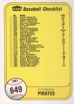 #649 Checklist: Pirates / Indians - Pittsburgh Pirates / Cleveland Indians - 1981 Fleer Baseball