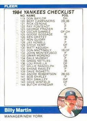 #652 Checklist: Yankees / Reds - New York Yankees / Cincinnati Reds - 1984 Fleer Baseball