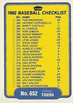 #652 Checklist: Tigers / Red Sox - Detroit Tigers / Boston Red Sox - 1982 Fleer Baseball