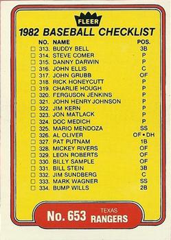 #653 Checklist: Rangers / White Sox - Texas Rangers / Chicago White Sox - 1982 Fleer Baseball
