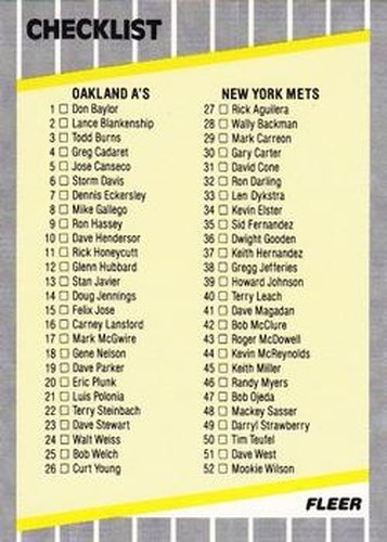 #654 Checklist: A's / Mets / Dodgers / Red Sox - Oakland Athletics / New York Mets / Los Angeles Dodgers / Boston Red Sox - 1989 Fleer Baseball