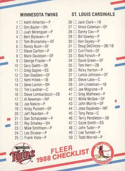 #654 Checklist: Twins / Cardinals / Tigers / Giants - Minnesota Twins / St. Louis Cardinals / Detroit Tigers / San Francisco Giants - 1988 Fleer Baseball
