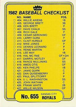 #655 Checklist: Royals / Braves - Kansas City Royals / Atlanta Braves - 1982 Fleer Baseball