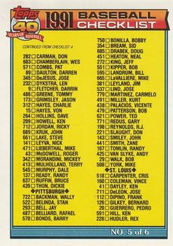 #656 Checklist 5 of 6 - Philadelphia Phillies / Pittsburgh Pirates / St. Louis Cardinals / San Diego Padres / San Francisco Giants - 1991 O-Pee-Chee Baseball