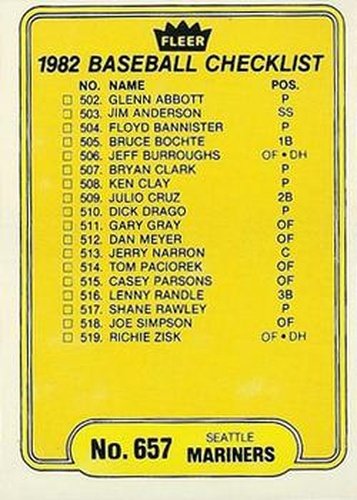 #657 Checklist: Mariners / Mets - Seattle Mariners / New York Mets - 1982 Fleer Baseball