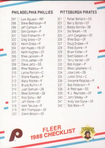 #657 Checklist: Phillies / Pirates / Red Sox / Mariners - Philadelphia Phillies / Pittsburgh Pirates / Boston Red Sox / Seattle Mariners - 1988 Fleer Baseball