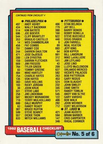 #658 Checklist 5 of 6 - 1992 O-Pee-Chee Baseball