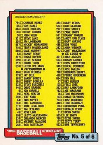 #658 Checklist 5 of 6 - Philadelphia Phillies / Pittsburgh Pirates / St. Louis Cardinals / San Diego Padres / San Francisco Giants / Seattle Mariners - 1992 Topps Baseball