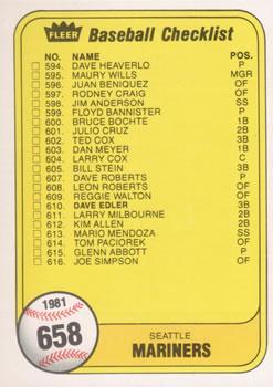 #658 Checklist: Mariners / Rangers - Seattle Mariners / Texas Rangers - 1981 Fleer Baseball