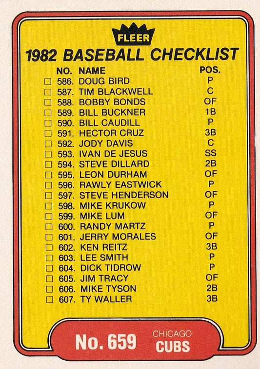 #659 Checklist: Cubs / Blue Jays - Chicago Cubs / Toronto Blue Jays - 1982 Fleer Baseball