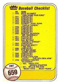 #659a Checklist: Special Cards / Teams - 1981 Fleer Baseball