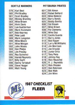#660 Checklist: Mariners / Pirates / Special Cards - Seattle Mariners / Pittsburgh Pirates - 1987 Fleer Baseball