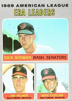 #68 1969 American League ERA Leaders Dick Bosman / Jim Palmer / Mike Cuellar - Washington Senators / Baltimore Orioles - 1970 Topps Baseball